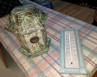 Birdhouse made of shells $10, thermometer $3. NOW all are 25% off listed prices