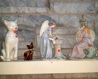 Cat statue, angel figurines