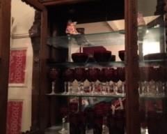 Very Large, Antique & Ornate China Cabinet. Vintage Red Glasses & Dishware sold separately.