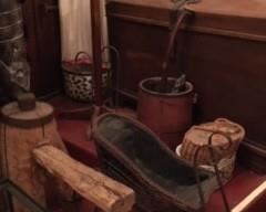 Cobbler bench (?), Antique Baby (doll?) Buggy, Large Antique Wood Chest with Rounded Lid and More.