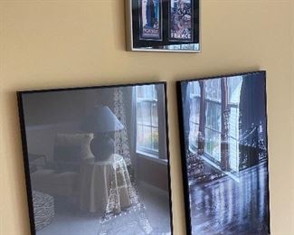 Nice photo prints of Paris and New York; above, framed travel postcards