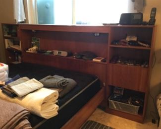 Bed headboard with pull down side desk spaces, left side needs reattached