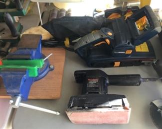 Belt sander, bench vise, power sander with collection bag