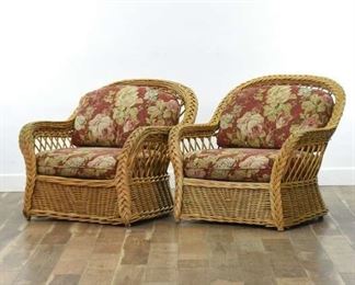 Pair Rattan Solarium Armchairs W Floral Cushions
