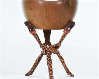 Carved Teak Tribal African Bowl W Giraffe Stand