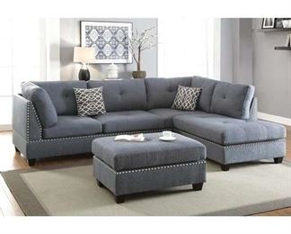 Blue Grey Milani Reversible Sectional W/ Ottoman