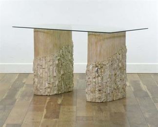 Neoclassical Carved Stone & Reed Column Console Table