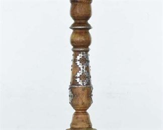 Bohemian Carved Wood Candle Holder W/ Metal Accents