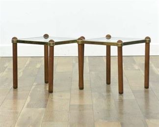 Pair Art Deco Brass End Tables W Glass Tops