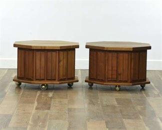 Pair Mid Century Modern Octagonal End Tables W Casters