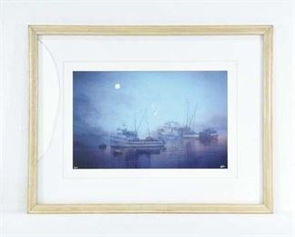 Framed Ships At Dock Print W/ Cracked Glass
