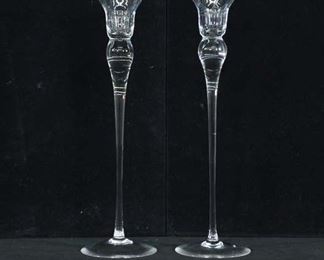 Pair Crystal Like Glass Long Stem Candlestick Holders