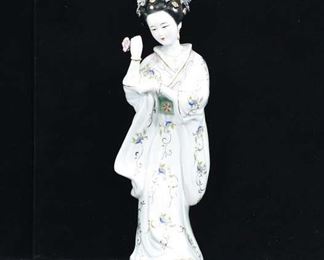 Hand Painted Asian Maiden Holding Flower