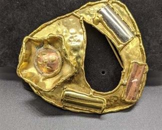 Large Brass Abstract Belt Buckle W/ Flower