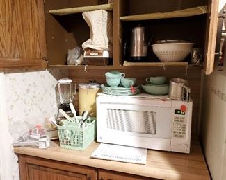 Microwave, dishes, blender