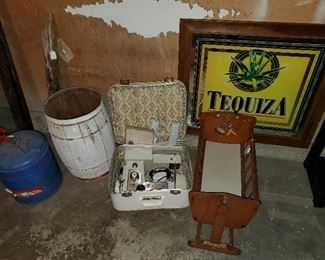 Baby bed, barrel, JC Penny sewing machine, Tequiza Mirror