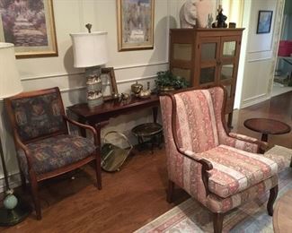 wingback chair, armchair, antique floor lamp and wood sofa table