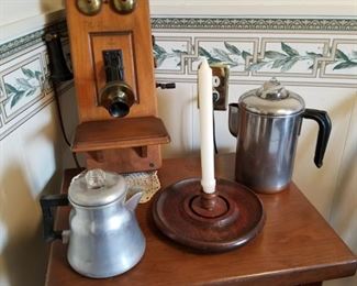 Hallway Telephone table, 1950's The Country Belle by Guild Telephone AM Radio, Vintage Aluminum Percolator coffee pots, old treen candlestick holder Hurricane