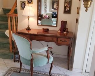 Queen Anne Desk and chair, Vintage Crystal and Onyx base Desk Lamp, Framed Dried flowers lemon gilt frames