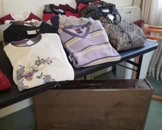 Vintage Sweaters, shirts and jackets, old tin suitcase 