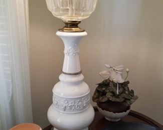 Stunning Porcelain relief and Crystal Lamp Light, old mark Lenox found thruout home   