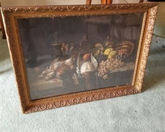 Victorian Lithograph Game still life, Victorian Frame, old blown glass, Heavy large piece  