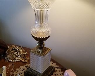 Mid Century Cut Crystal, brass and Onyx Lamp Light