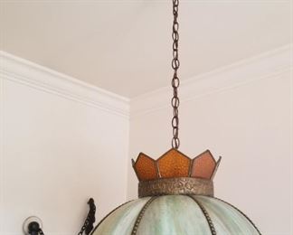 Vintage Brass, slag & pebbled glass hanging Lamp