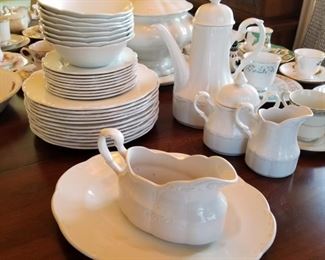 J&G Meakin English Ironstone 36pcs to Include Covered coffee pot, creamer, sugar, serving platter and gravy  boat, 12 Dinner plates, 10 Bread Plates, 8 soup bowls, Sterling Colonial pattern