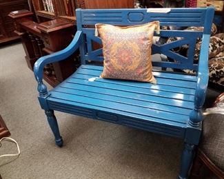 Teak turquoise painted bench perfect for outdoors