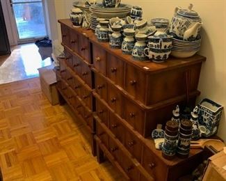 Apothecary cabinets and blue willow dishes