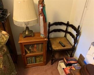 antique corner chair, lamp, and cabinet