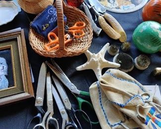 vintage scissors, beaded mocs, antler handle carving set