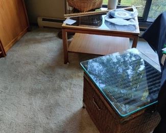 mid century wood and glass table, basket trunk with glass top