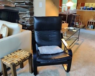 ikea black chair, wood and leather table