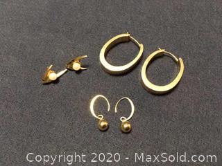 3 Pair 14K Gold Earrings, 1 Pair With Pearls