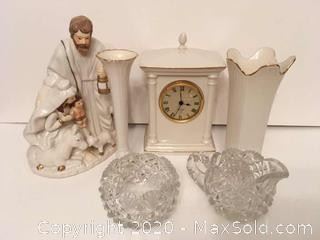 Two Lenox vases , Lenox clock, cut crystal cream and sugar, and figurine. 