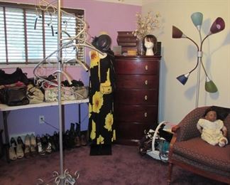 Dresser, Floor Lamp, Display Rack, Mannequin with Dress, Hat and Purses, Purses, Shoes
