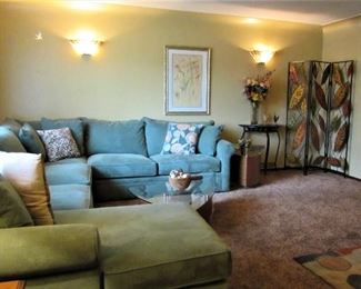 Sectional Sofa, Nice Throw Pillows, Area Rug, Wall Table, Room Divider, Framed Art