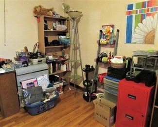 Overview of Office-Linen Room, File Cabinet, Cameras, Small Chest of Drawers, Sheets, Lamp, Office Items