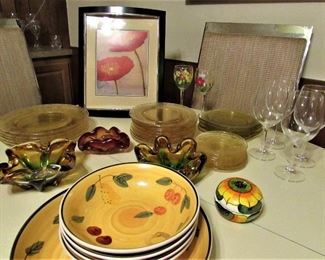 Dishes, Framed Art, Murano Glass Bowl and Ashtrays