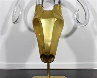 HOLLYWOOD REGENCY BRASS AND GLASS RAMS HEAD