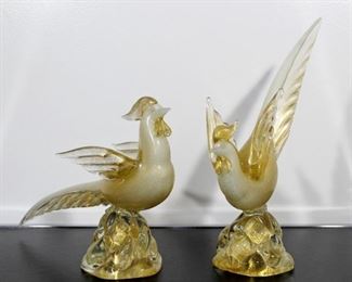 Archimede Seguso Pair Gold Leaf Glass Cocks Murano