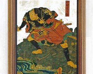 Japanese Samurai Reverse Mirror Painting Framed