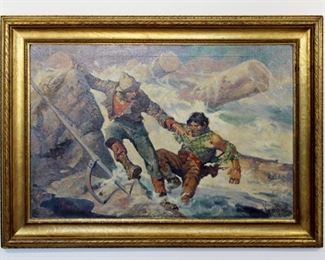 For your consideration is a stunning, wood framed, oil on canvas painting, depicting two men at sea, titled "Broken Jam," signed Oliver Kemp. 