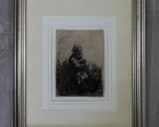 Rembrandt Jerome Kneeling in Prayer Etching 1635 Framed