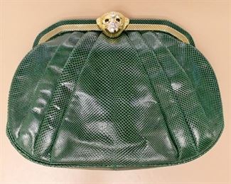 Judith Leiber Green Leather Monkey Head Clasp Purse