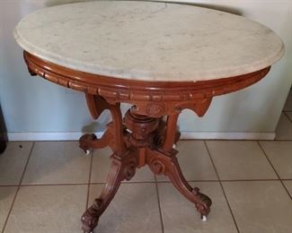 Antique Victorian oak lamp table with marble top - $150