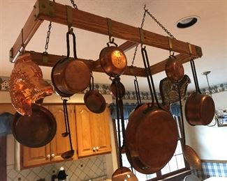 Copper Pots and Hanging Pot Rack - Priced at Sale !