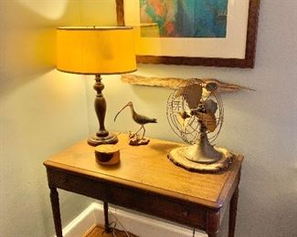Bird and fan sold.  Vintage wood with tapered legs $150.